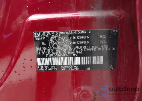 2018 Toyota Rav4 Le z USA, uszkodzony, nr VIN 2T3BFREV5JW752435